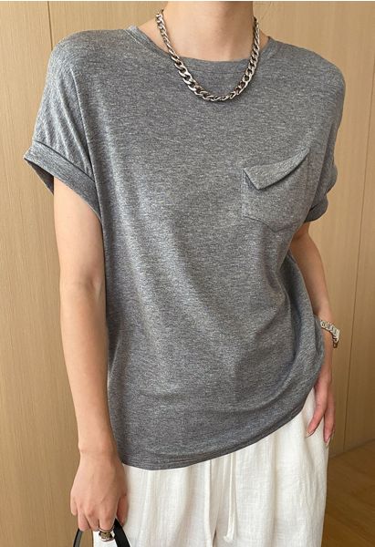 Pocket Trim Rolled Cuff T-Shirt in Grey