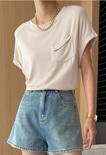 Pocket Trim Rolled Cuff T-Shirt in Sand