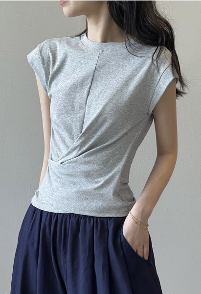 Cap Sleeve Crisscross Cotton Top in Grey