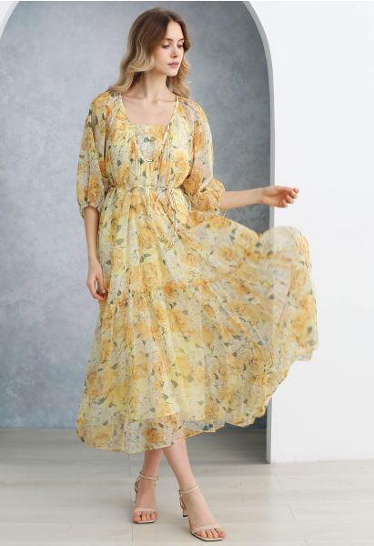 Gauzy Floral Print Bubble Sleeve Dolly Dress in Yellow