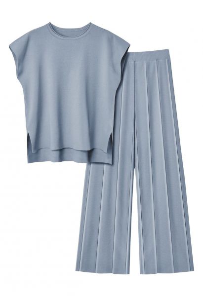 Daily Comfort Sleeveless Top and Straight-Leg Pants Set in Dusty Blue