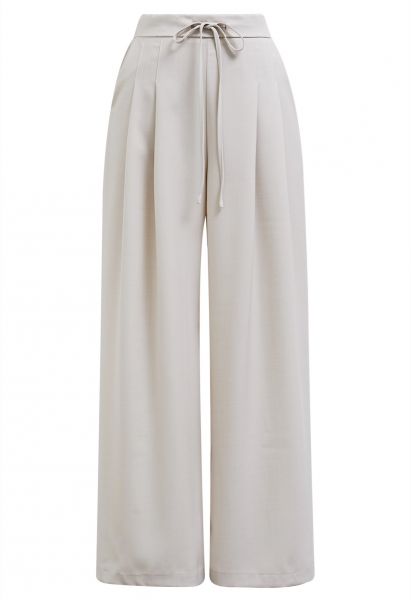 Self-Tie String Pleat Wide-Leg Pants in Ivory