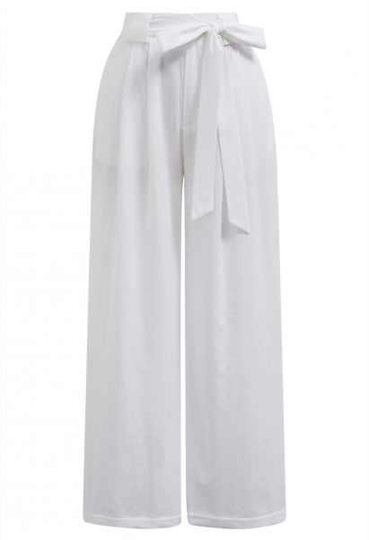 Bow Tie Sash Pleated Wide-Leg Pants in White