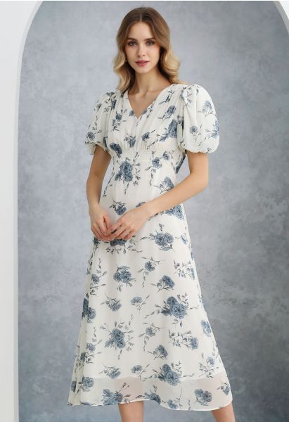 Blue Flower Sketch V-Neck Chiffon Midi Dress