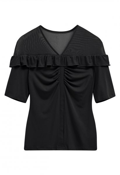 V-Neck Mesh Spliced Ruffle Top in Black