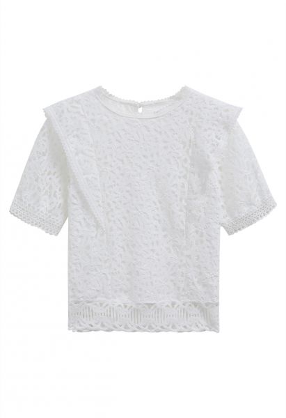 Crew Neck Guipure Lace Top in White