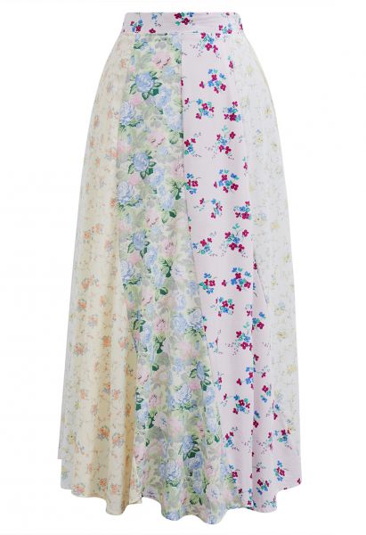 Floral Patchwork Asymmetric Cotton Maxi Skirt 