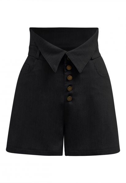 Nostalgic Button Folded Waist Shorts in Black