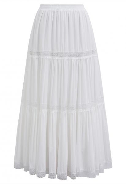 Lace Spliced Cotton Midi Skirt in White