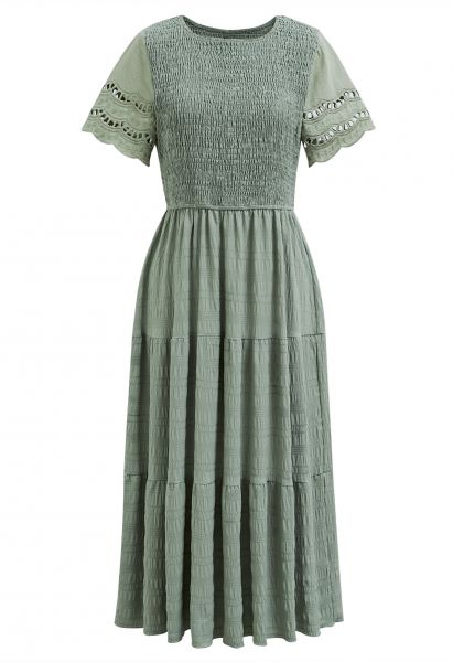 Cutwork Sleeve Shirred Bodice Midi Dress in Sage