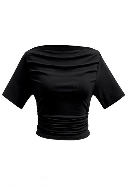 Boat Neck Short Sleeve Ruched Cotton Top in Black