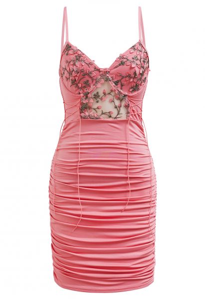 Pink Floral Embroidery Lace-Up Ruched Cami Dress