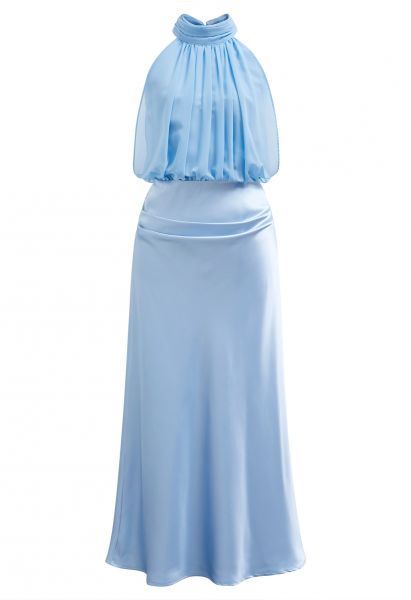 Graceful Halter Neck Chiffon Spliced Satin Dress in Blue