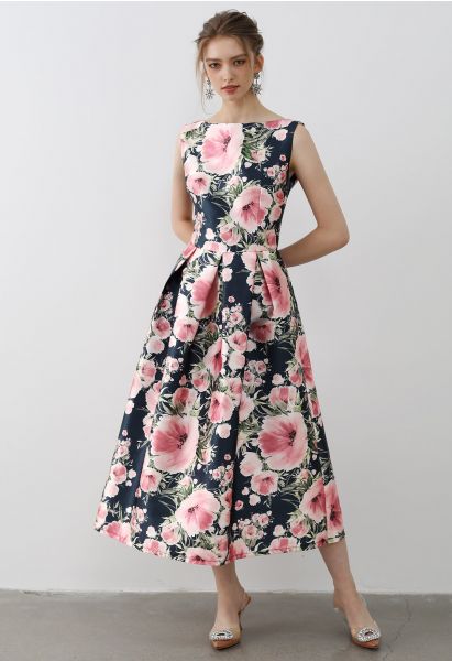 Graceful Blossom Sleeveless Midi Dress in Navy