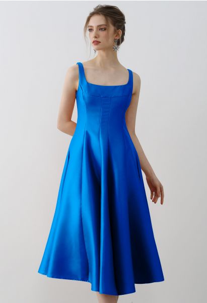 Polished Satin Flared Hem Cami Dress in Royal Blue