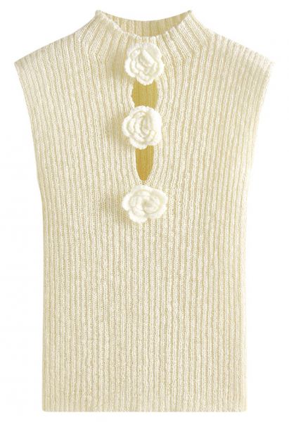 3D Crochet Flower Sleeveless Knit Top in Cream