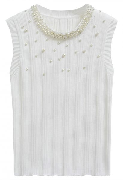 Pearl Trimmed Sleeveless Knit Top in White