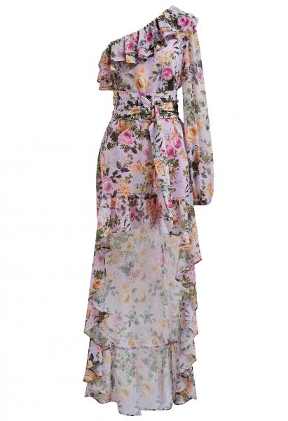 Floral One-Shoulder Ruffle Hi-Lo Maxi Dress