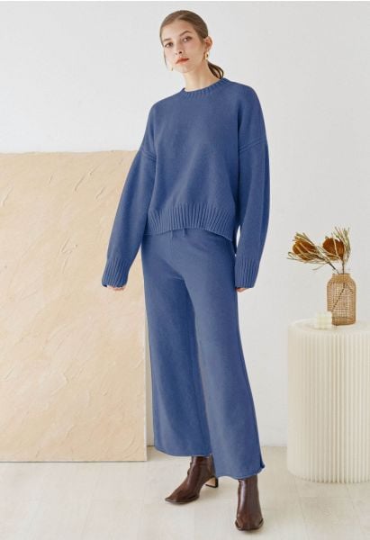 Waffle Knit Hi-Lo Sweater and Wide Leg Pants Set in Blue