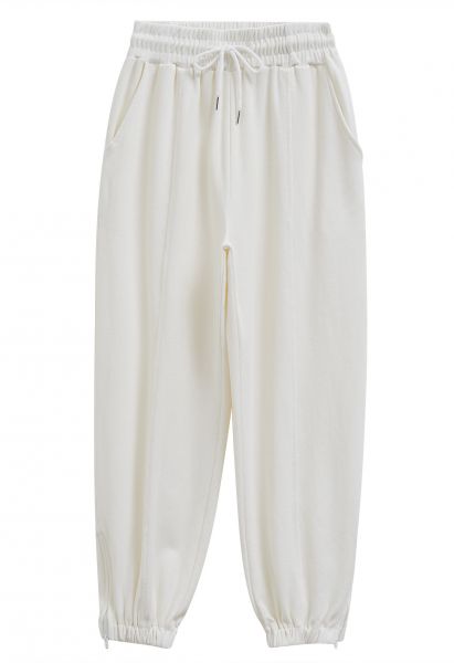 Ankle Zip Drawstring Lounge Pants in Ivory