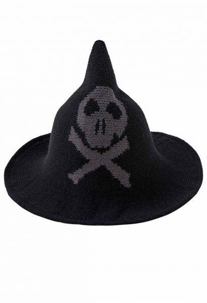 Skull Pattern Wool-Blend Witch Hat in Black