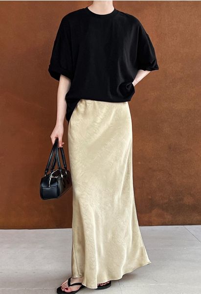 Satin Embossed Texture Mermaid Maxi Skirt in Champagne