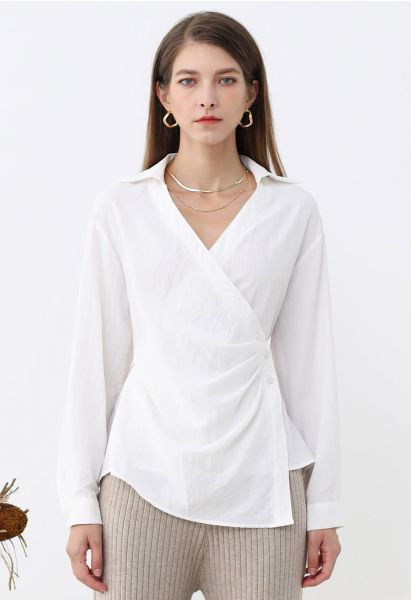 Side Pleats Collared Buttoned Wrap Shirt in White