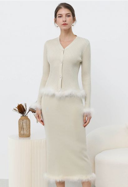 Feather Trim Button Knit Top and Midi Skirt Set in Ivory