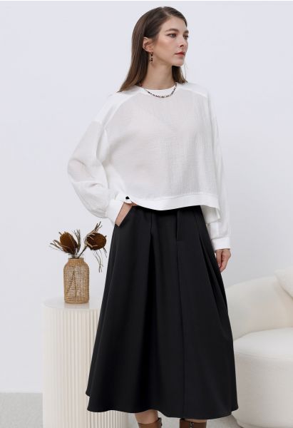 Dignified Buttons Trim A-Line Midi Skirt in Black