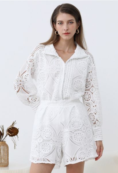 Guipure Lace Buttoned Shirt and Shorts Set in White