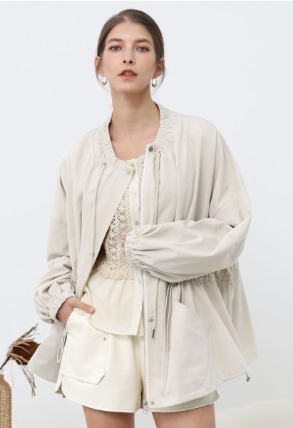 Laid-Back Side Pocket Drawstring Parka in Ivory