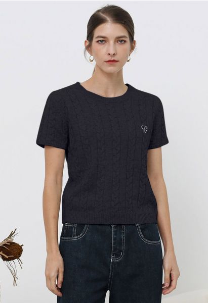 Embroidered Heart Braided Short-Sleeve Sweater in Navy