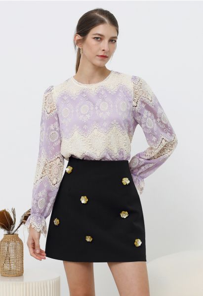 3D Golden Flower Embellished Mini Skirt in Black