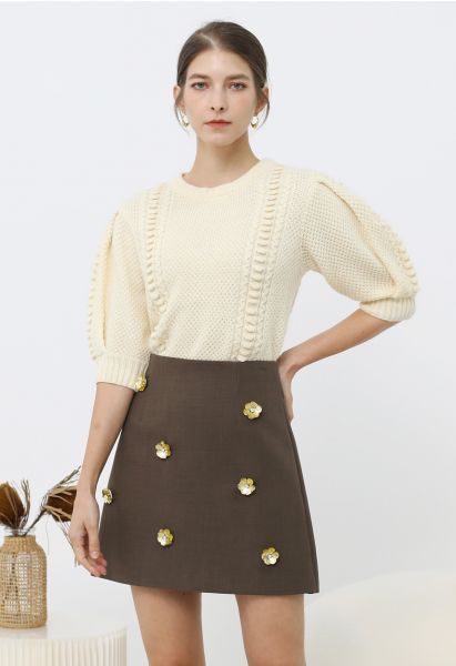 3D Golden Flower Embellished Mini Skirt in Brown