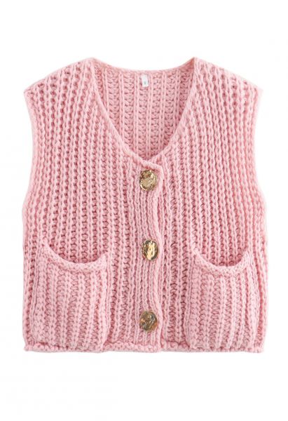 Bold Golden Buttons Patch Pocket Chunky Knit Vest in Pink