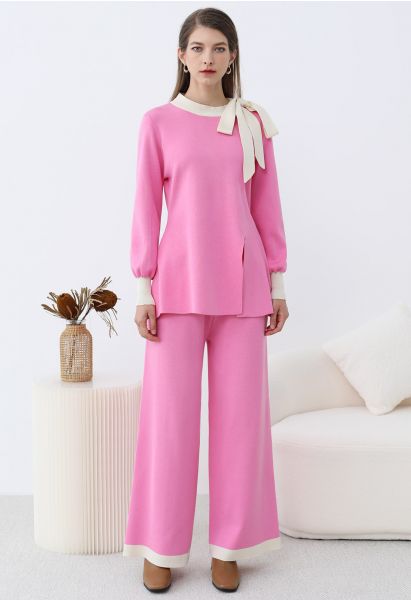 Contrast Edge Bowknot Knit Sweater and Pants Set in Candy Pink