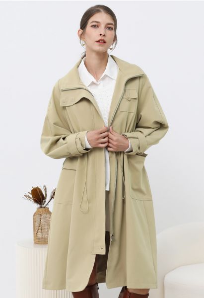 Outfitted Collared Flap Pocket Drawstring Trench Coat in Khaki