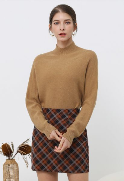 Integral Metallic Thread Mock Neck Wool Sweater in Caramel