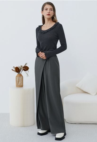 Asymmetric Flap Buttoned Straight-Leg Pants in Smoke