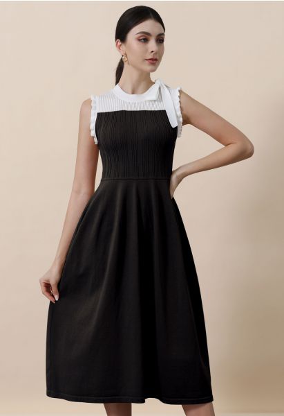 Bowknot Shoulder Ruffle Sleeveless Knit Midi Dress in Black