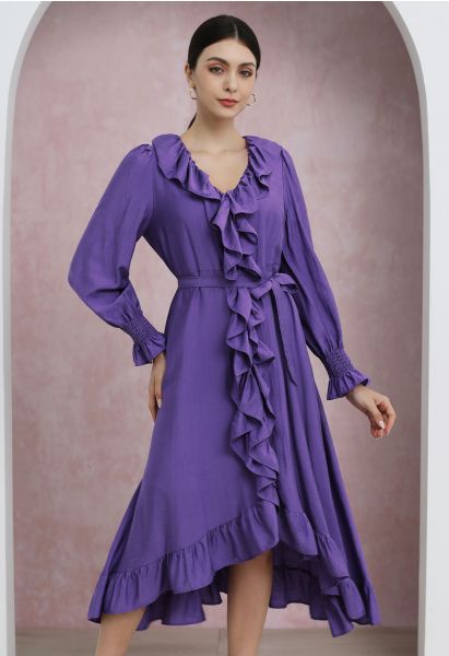 Whimsical Ruffle Asymmetric Button Down Midi Dress in Purple