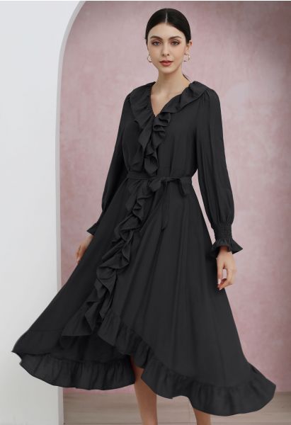 Whimsical Ruffle Asymmetric Button Down Midi Dress in Black