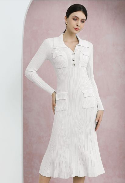 Relaxing Collared Flap Pocket Ribbed Knit Dress in White