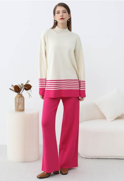 Two-Tone Striped Mock Neck Knit Sweater and Pants Set in Pink