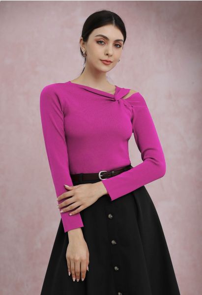 Knotted Shoulder Cutout Long-Sleeve Knit Top in Magenta