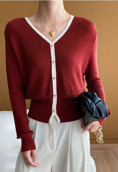 Button Trim Contrast Knit Cardigan in Red