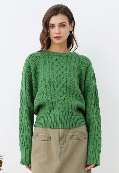 Hug-Me Cable Knit Crewneck Sweater in Green