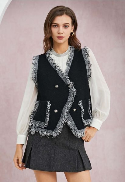 Fringe Edge Double-Breasted Knit Vest in Black