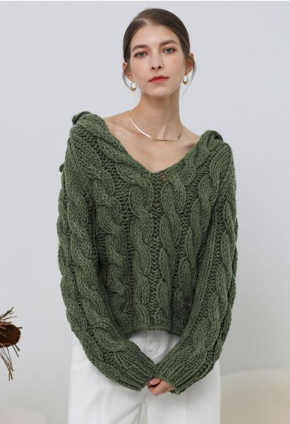 Collared V-Neck Chunky Cable-Knit Sweater in Army Green