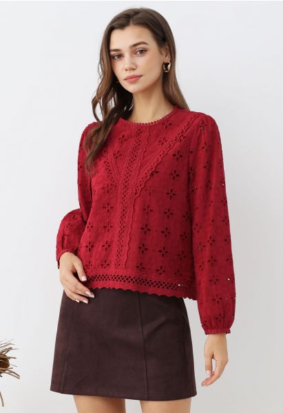 Intricate Petals Eyelet Embroidery Cotton Top in Red